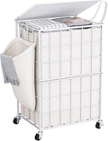 90L Laundry Basket with Wheels, Large Capacity Laundry Hamper with Removable Liner Bags, Heavy Duty Laundry Sorter with Solid Wood Lid & Leather Handles (White) TLH001W01