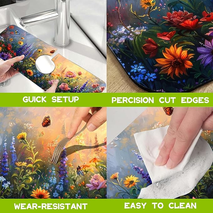 Kitchen Sink Splash Flowers Bees in the Garden Guard Faucet Mat Super Absorbent Fast Drying Mat Guard Behind Faucet Drip Catcher for Kitchen Bathroom, 15.5"X5.5"