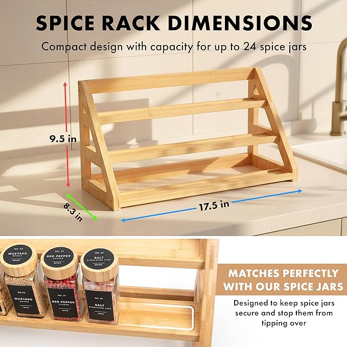 3 Tier Bamboo Spice Rack Organizer for Cabinet – Fits 24 Spice Jars, 17.5” Wide Countertop & Cabinet Organizer for Kitchen Organization, Seasoning Organizer Shelf (Jars Not Included)