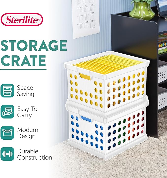 Sterilite Stackable Plastic Storage Crate Bin Organizer File Box with Handles for Home, Office, Dorm, Garage, or Utility Organization, White, 18-Pack