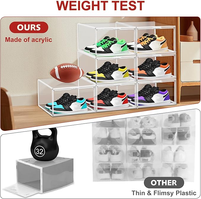 12 Pack Clear Shoe Organizer for Closet, Large Stackable Sneaker Boxes Shoe Display Box Handbag Organizer Plastic Storage Bins with Magnetic lids