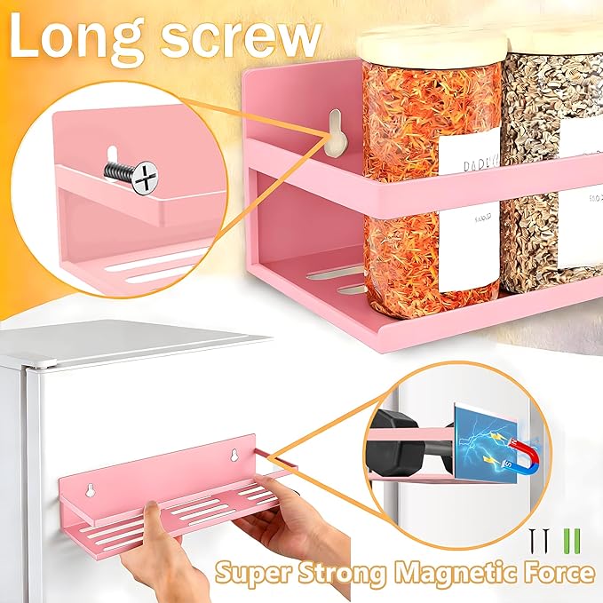 Magnetic Spice Rack for Refrigerator Seasoning Organizer for Spice Fridge Shelf storage Magnetic Shelf with Hook for Oven(4pack-Cut out-Pink)