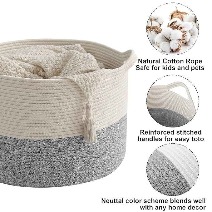 115L Large Blanket Basket,23.6" L x 23.6" W x 15.7" H Rope Woven Baskets with Handles, Toys Storage Bins,Laundry Basket Perfect for Living Room, Nursery,Bedroom,Home Organization,White&Grey