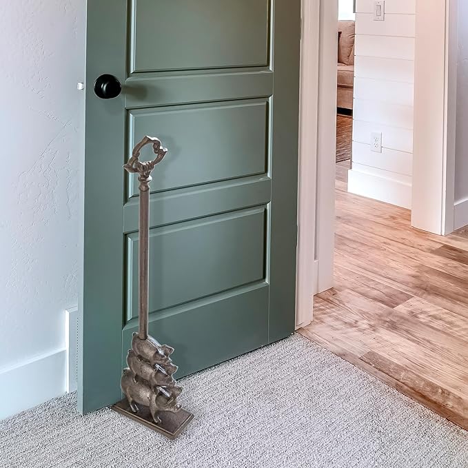 Sungmor Portable Door Stopper Wedge, 23.8" Tall Cute Three Pig Door Holder, Cast Iron Heavy Duty Animal Statue Door Stops with Handle, Antique Style Decorative Ornaments for Home or Yard