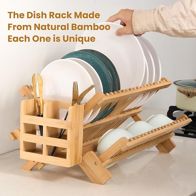 Bmaboo Dish Drying Rack for Kitchen Counter 3-Tier Collapsible Wooden Dish Drying Rack with Utensil Holder Dish Drainer Large Folding Dish Rack with Utensils Flatware Holder 51 pcs Grid