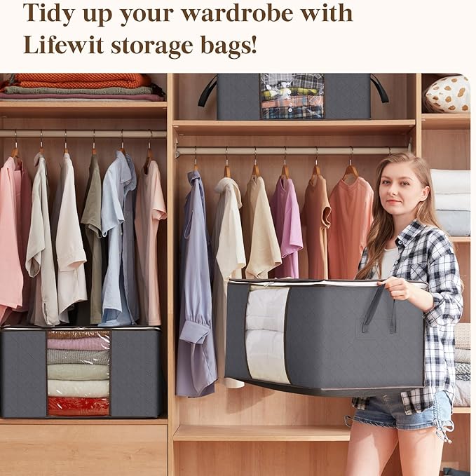 Lifewit Large Capacity Clothes Storage Bag Organizer with Reinforced Handle Thick Fabric for Comforters, Blankets, Bedding, Foldable with Sturdy Zipper, Clear Window, 27 Pack, 90L, Grey