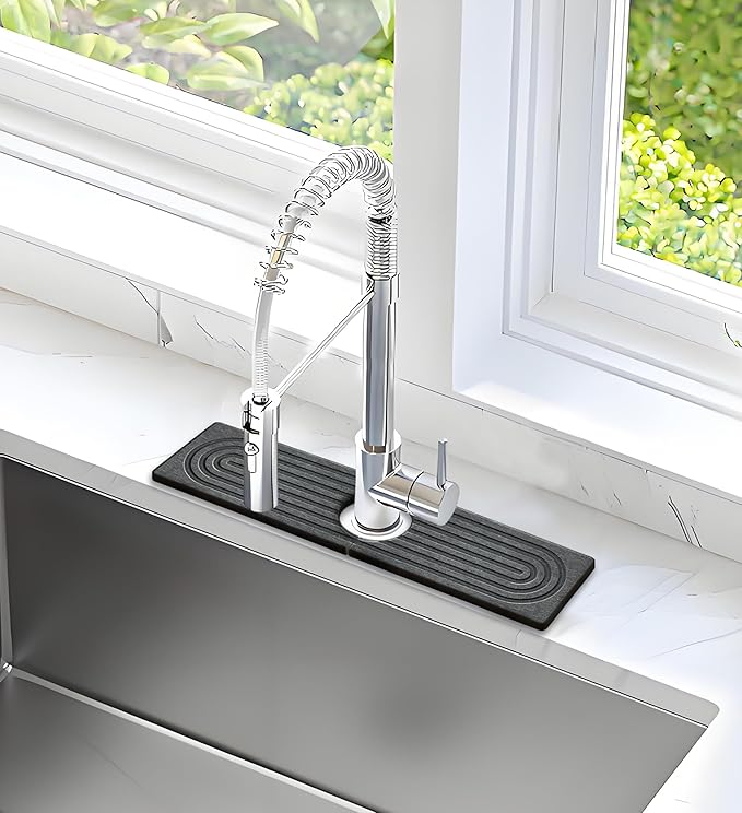 Faucet Mat for Kitchen Sink,15.7" Diatomite Stone Drying Mat,Quick Drying Splash Guard,Super Absorbent.Kitchen ,Bathroom Sink Splash Guard, Durable Countertop Protection(Darkgrey)