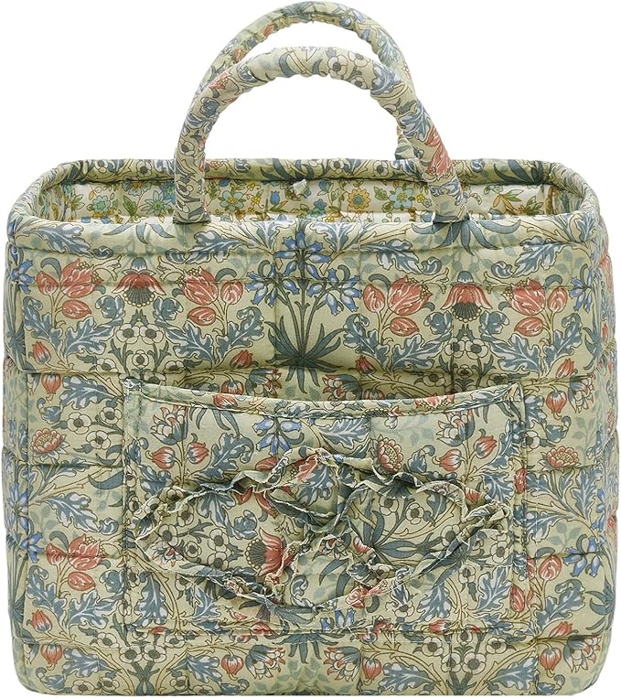 Quilted Fabric Storage Baskets with Handles, Boho Floral Gift Basket Foldable Organizer Bin for Home Decor, Picnic, Travel 12''x10''x10'' (Light Green)