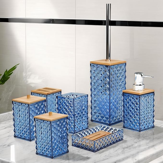 Bathroom Accessory Set,7 Pcs Blue Bathroom Set Include Soap Dispenser, Qtip Holder Dispenser, Soap Dish,Toilet Brush,Toothbrush Holder & Mouthwash Cup.Boho Bathroom Set