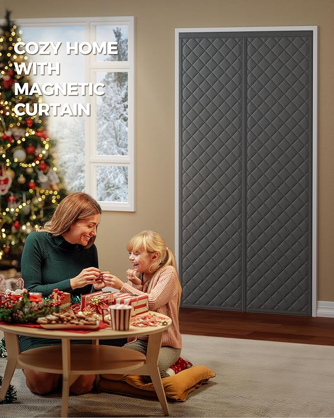 Magnetic Thermal Insulated Door Curtain Fits Door Size 32 x 80 Inch, Insulation Cover for Cold, Oxford Cloth Thicken Cotton Filled Blanket for Front Back Attic Door in Winter, Grey