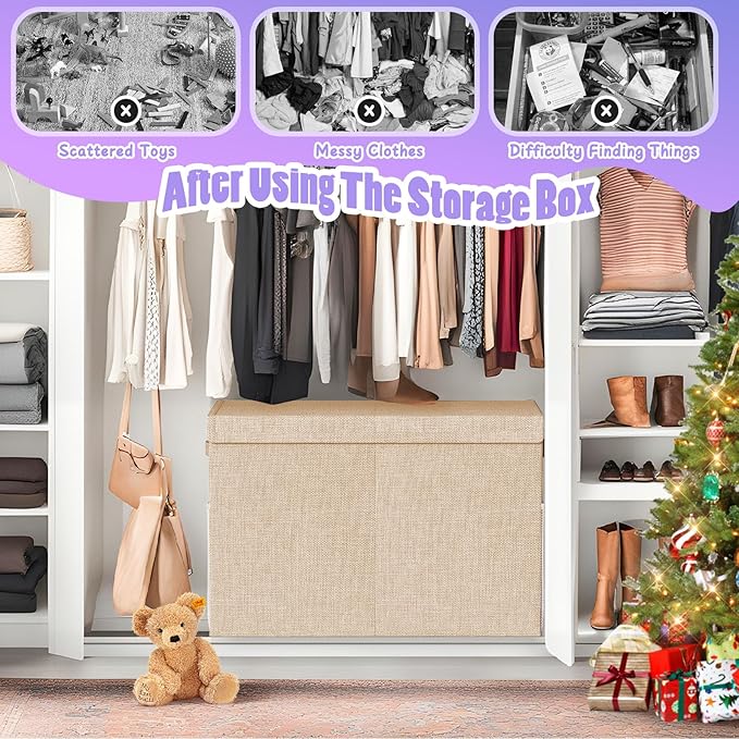 Large Toy Storage Box with Lid Divider, Sturdy Collapsible Toys Organizer Chest Kids Storage Bins Boxes Baskets for Boys, Girls, Nursery, Bedroom, Living Room, Playroom, 25"x13"x16", Beige