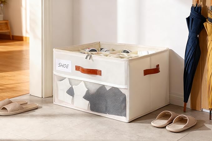 HOMICKER Shoe Organizer for Closet, Shoe Storage Box, Foldable Shoe Box with Adjustable Dividers and Clear Cover, Closet Shoe Organizer Fits up to 16 Pairs, 1-Pack, Extra Storage Pocket for Socks