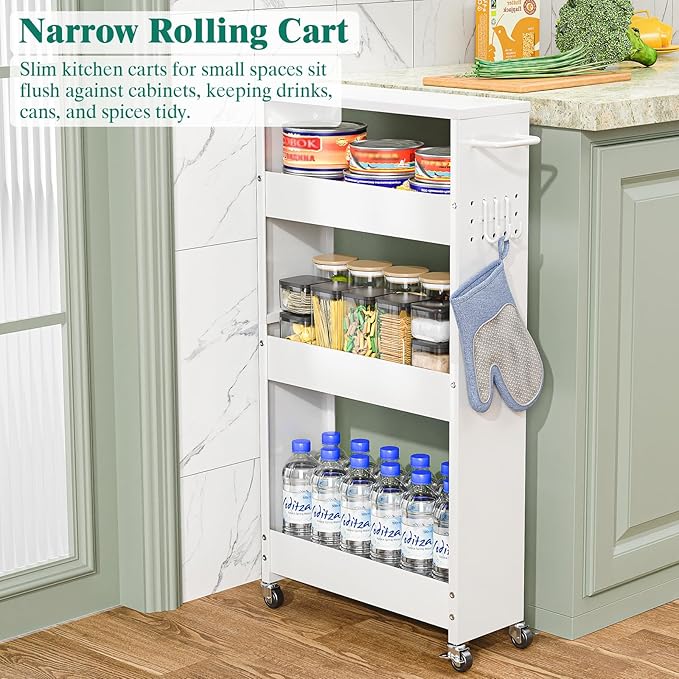 Slim Storage Cart, 4 Tier Rolling Kitchen Cart on Wheels for Small Space, Narrow Laundry Bathroom Organizers Mobile Shelving Unit Metal Utility Cart with Handle, 5.9in Width, White