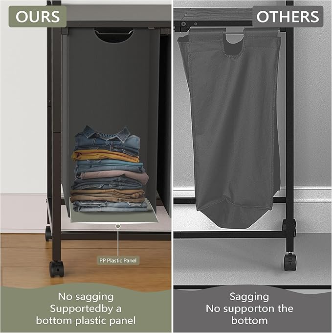 Laundry Hamper, Laundry Basket, Laundry Sorter with 2 Pull-Out and Removable Bags, Shelf, Laundry Room Storage with Table, for Bathroom, Bedroom, 3 x 10.5 Gal (40L), Grey