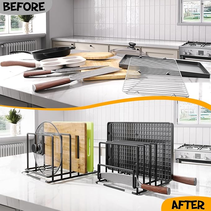 2 Pack Cutting Board Organizer and Pot Lid Holder, Kitchen Cabinet Organizer Rack with 7 & 5 Compartments, Heavy-Duty Iron Baking Sheet Pan Organizer with Non-Slip Base, Space-Saving Kitchen Storage