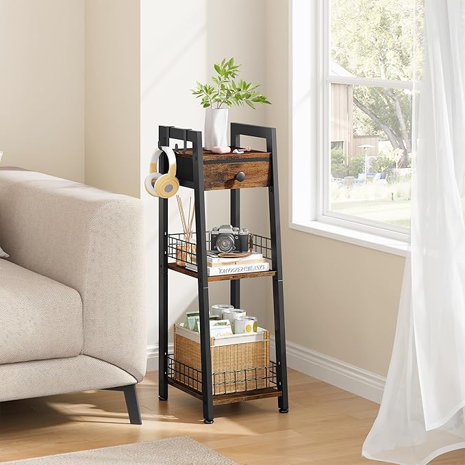 3-Tier Narrow Ladder Shelf with Drawer, Bathroom Table Stand for Small Space, Narrow Bathroom Standing Shelves with Storage for Living Room Bedroom Kitchen, Organizer Shelf, Rustic Brown