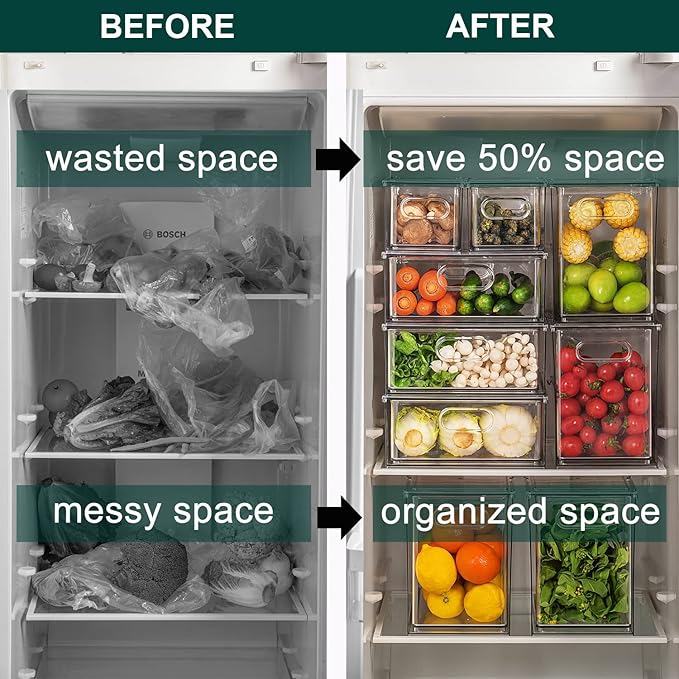 LALASTAR 2 Pack Fridge Organizer with Pull-out Drawer, Stackable Freezer Organizer Bin, Pantry Organization and Storage, BPA Free, 3.17QT