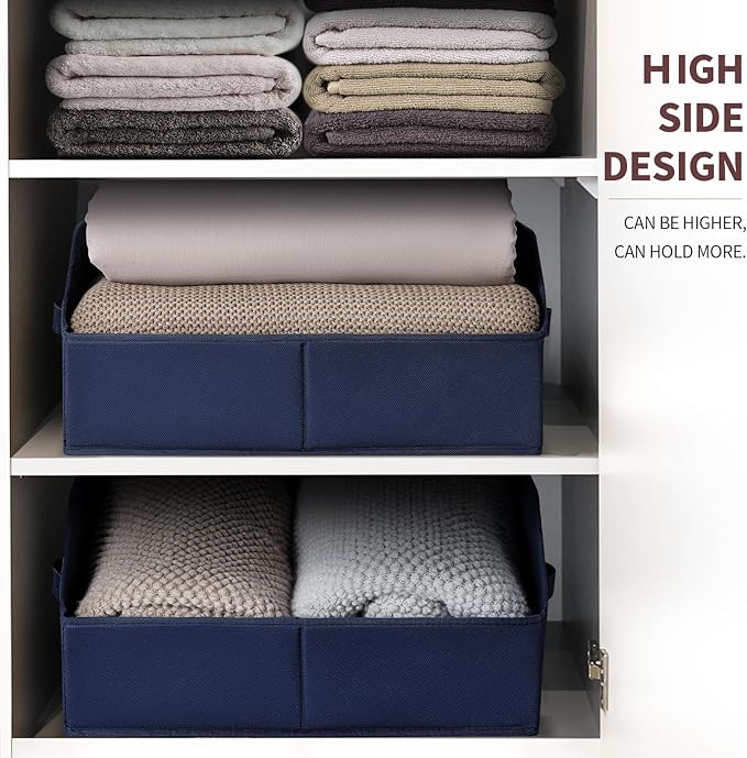Clothes Organizers and Storage - Fabric Storage Bins with Handles, Storage Baskets for Organizing, Trapezoid Storage Cubes for Blankets, Towels, Office, 6 Pack, Navy Blue
