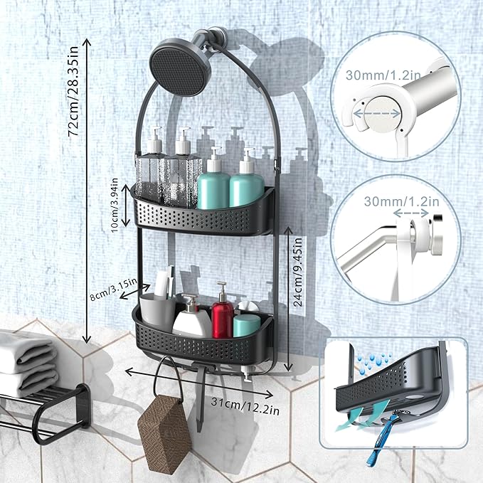 Shower Caddy Hanging, Anti-Swing Shower basket over showerhead with suction cups; Never rust Bathroom Organizer over the door, Multiple Hanging Modes Shelf with Hooks, Matte Grey