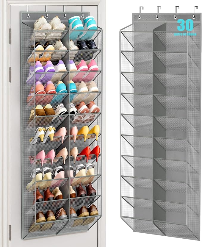 MISSLO 30 Pairs Over the Door Shoe Organizer Breathable Mesh Hanging Shoe Rack for Closet Storage with Wide Deep Pockets 10 Tier Shoes Holder Fit All the Family's Sneakers, Boots, Heels (Grey, 71")