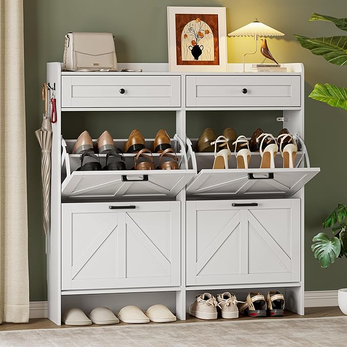 BORNOON Shoe Storage Cabinet for Entryway, Farmhouse Wide Shoe Cabinet with 4 Flip Drawers and 2 Top Drawers, Freestanding Organizer with Adjustable Shelves, Hooks, and Anti-Tip Kit for Hallway