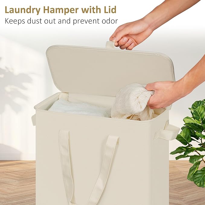 efluky Slim Laundry Basket with Lid, Narrow Laundry Hamper with Handles, Collapsible Dirty Clothes Hamper, Tall Laundry Bin for Laundry Room, Dorm and Bedroom, 55L Beige