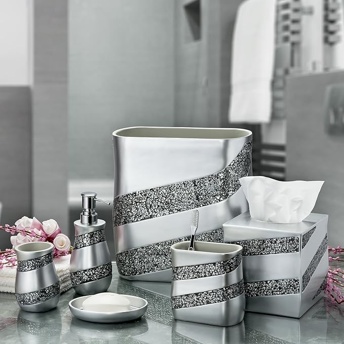 Creative Scents Silver Mosaic Toothbrush And Toothpaste Holder For Bathroom - Decorative Bathroom Toothbrush Holder, Family Toothbrush Cup With One Large Opening To Hold Multiple Toothbrushes At Once