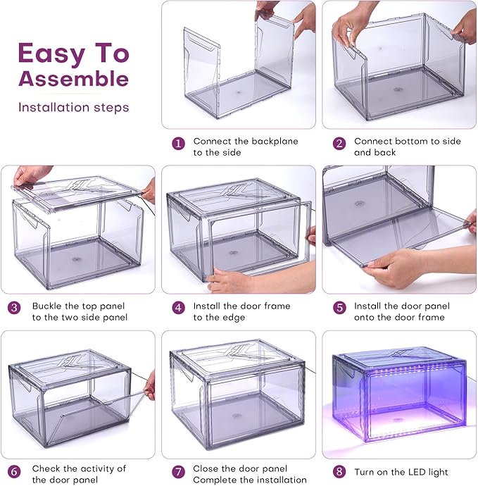 Shoe Storage Organizer for Closet, Foldable Shoe Boxes Rack 2 pack, Clear Plastic Stackable Containers Bins Holder, Magnetic Sneaker Shelf for Sneakerheads with LED Lights Grey