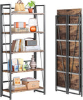 4NM No Assembly Folding Bookshelf, 5-Shelf 62.2" H Collapsible Foldable Bookcase Storage for Small Spaces, Rustic Brown and Black | 4NM, No-Assembly, Folding, Bookshelf, Storage Shelves, 5 Tiers