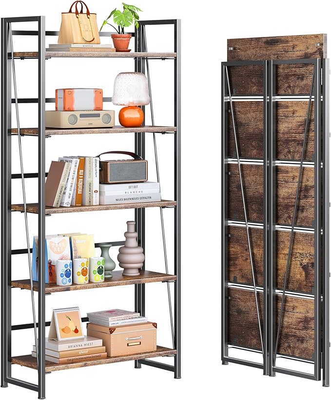 4NM No Assembly Folding Bookshelf, 5-Shelf 62.2" H Collapsible Foldable Bookcase Storage for Small Spaces, Rustic Brown and Black | 4NM, No-Assembly, Folding, Bookshelf, Storage Shelves, 5 Tiers