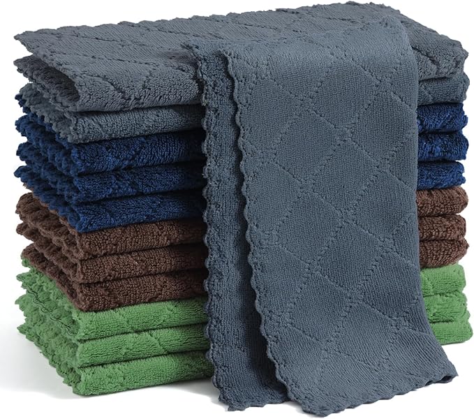 Homaxy 12 Pack Kitchen Dish Cloths, Super Soft and Absorbent Coral Velvet Dish Towels, Nonstick Oil Fast Drying Microfiber Cleaning Cloth, 10 x 10 inches, Navy Blue/Dark Grey/Brown/Grass Green