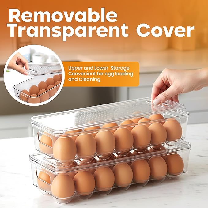 Utopia Home Egg Container With Lid and Handle for Refrigerator - Pack of 4 - Clear Stackable Egg Holder for Kitchen Storage and organization