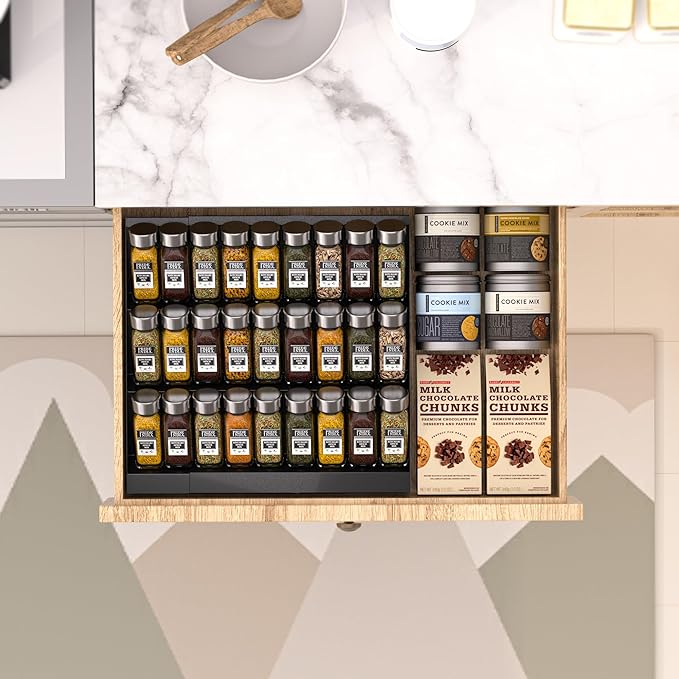 Expandable Metal Spice Drawer Organizer,3-Tier Slanted Seasoning Jars Tray for Kitchen Cabinet Drawers Insert/Countertop (Jars not included)-3Tier,1pack/Black