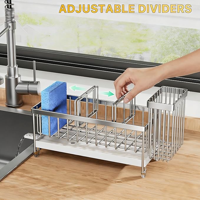 Cisily Sponge Holder for Kitchen Sink, Sink Caddy Organizer with High Brush Holder, Kitchen Countertop Organizers and Storage Essentials, Rustproof 304 Stainless Steel (Silver, 9.25″)