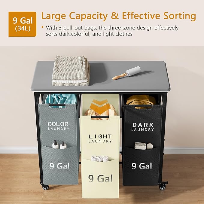 3 Section Laundry Sorter with Ironing Board, Laundry Hamper with Removable Bags, Heavy-Duty Rolling Laundry Cart with Lockable Wheels for Bathroom Bedroom