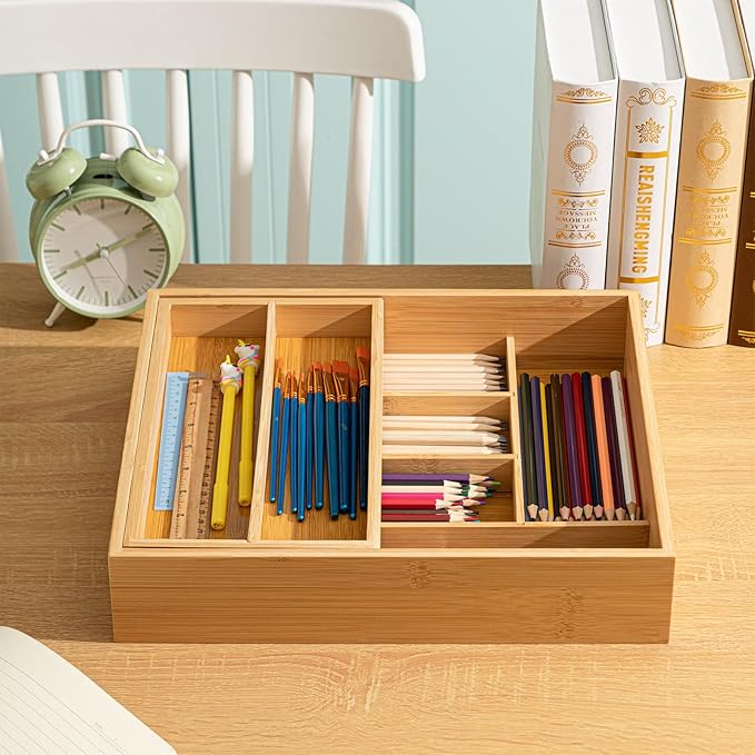Double Bamboo Kitchen Drawer Organizer, 2-tier Utensil Deep Drawer Organizer, Removable Utensil Holder and Cutlery Tray Storage for Chopsticks, Spoons, Forks, Various Tableware and Cookware