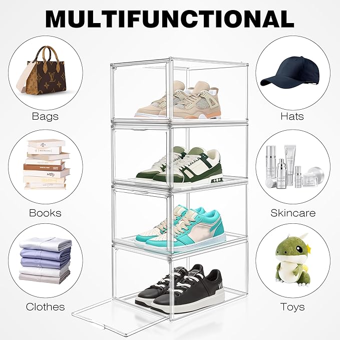 EDS FAM 1 Pack Drop Front Acrylic Shoe Boxes with Magnetic Door Fit US Size 12, Clear Stackable Shoe Organizer for Closet, Entryway, Underbed, Multiple Display Cases for Hats, Figures, Sneakers
