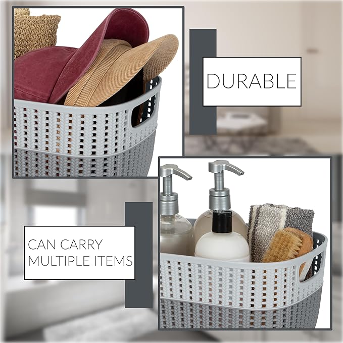 Simplify 2 Tone Sailor Knot Plastic Storage Tote | Decorative Basket | Closet Organization | De-clutter | Accessories | Toys | Bathroom Organization | Medium | Grey/Grey