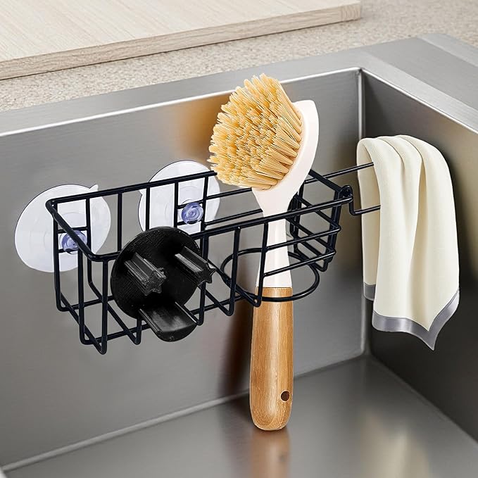 Sponge Holder Smile Face with Dish Cloth Hanger for Kitchen Sink, In-sink Caddy Organizer with Suction Cups & Adhesive Strips, Rustproof Sponge Rack for Soap, Brush, Scrubber - Black（3 Pack）
