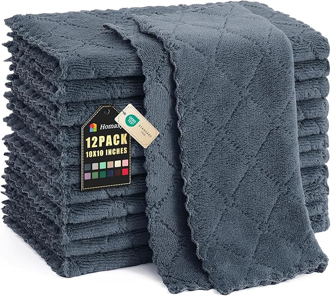 Homaxy 12 Pack Kitchen Dish Cloths (10 x 10 Inches, Dark Grey), Super Soft and Absorbent Coral Velvet Dish Towels, Nonstick Oil Fast Drying Microfiber Cleaning Cloth, No Lint Household Dishcloths
