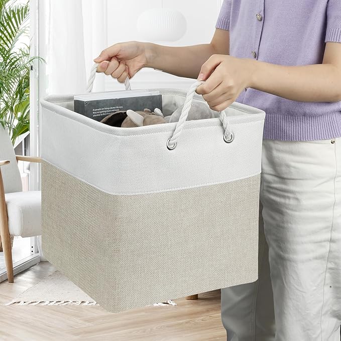 13x13 Storage Cube Bins 4Pack,Collapsible Cube Storage Organizer for Closet, Fabric Storage Box w/ Rope Handles, Foldable Storage Baskets for Shelves, Clothes,Closet Organization - White/Coffee
