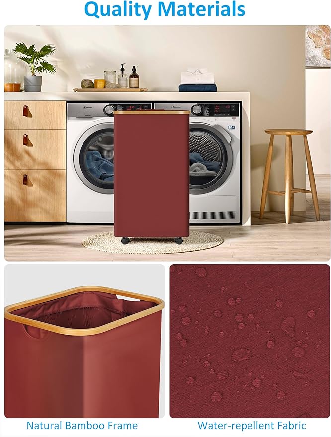 efluky Laundry Basket with Wheels, Tall Rolling Laundry Hamper with Lid and Removable Bag, Aesthetic Dirty Clothes Hamper on Wheels for Laundry Room, Bedroom, Dorm and Bathroom, 100L Rose Red