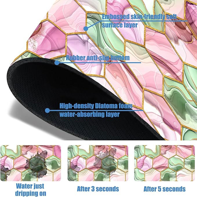 Sink Splash Guard Faucet Mat Abstract Pink and Green Hexagon Texture Absorbent Fast Drying Mat Sink Gadgets Splash Guard Behind Faucet Drip Catcher for Kitchen Bathroom 15.5"X5.5"