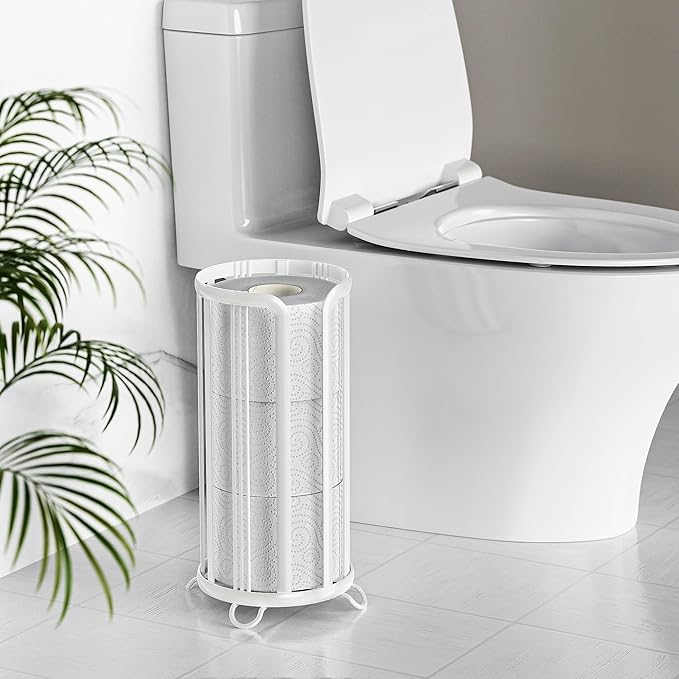Toilet Paper Holder Stand, Freestanding Bathroom Tissue Organizer, Minimalistic Storage Solution, Reserve Mega Rolls,Stylish Bathroom Floor Toilet Paper Stand-White