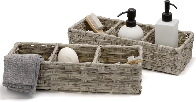 BROOKSTONE, [2 PACK SET] Wicker Storage Basket, Boho Organization and Storage Container, Decorative Shelf Bin, Over the Toilet Paper Reserve, Suitable for Any Home Décor Style
