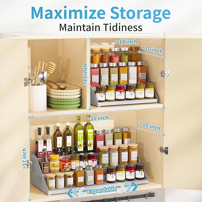 Spice Rack Organizer, Metal Spice Rack Organizer for Cabinet, Countertop Spice Rack - Expandable Width, 3 Tier Spice Shelf for Cabinet, Countertop, Pantry, Cupboard, Gray