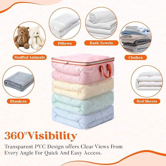 3 Pack 180l Extra Large Blanket Clothes Storage Bags, Transparent Moving Bags with Zippers & Handles for Organizing Clothes, Comforters, Blankets, Bedding, Pillow, Bedding, Travel, 47.6gal