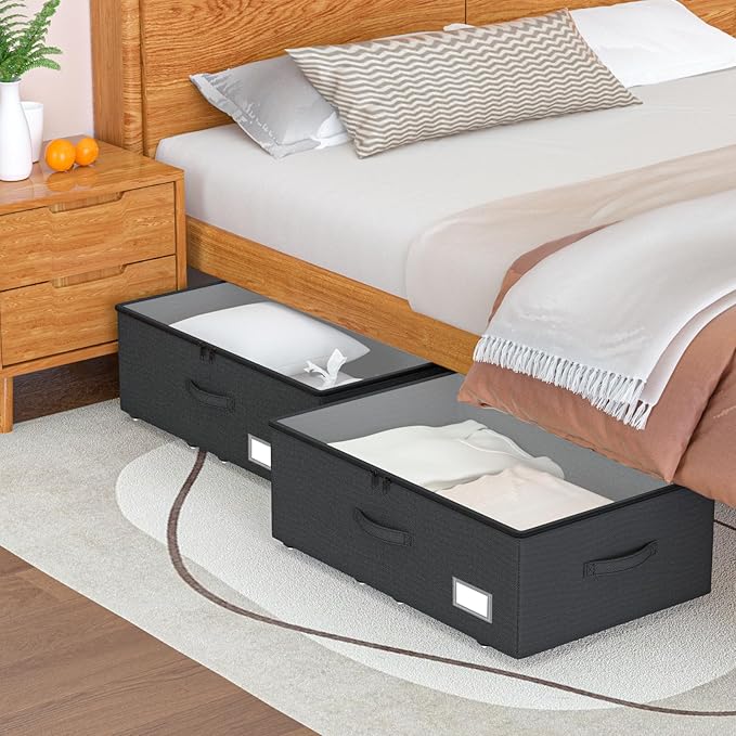 EE-RoomWorld Underbed Storage With Wheels, No Assemble Required 12 inches Height Under bed Storage Bins,Large Capacity Rolling Shoe Storage Containers，Dorm clothes Storage