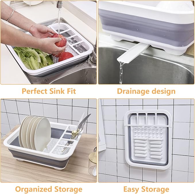 Collapsible Dish Drying Rack with Rotating Drain & Plug,Space-Saving Dish Drainers for Kitchen Counter, Portable Dish Rack Over Sink Drying Dinnerware,Travel Trailer RV Camping Essentials