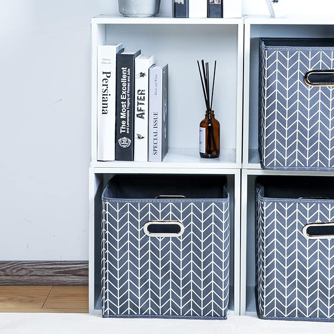 Fabric Cloth Storage Bins,Fabric Cube Organizer with Dual Handles Foldable Cube Storage Baskets for Home Bedroom Storage,Set of 3,(Grey Wave)